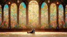 a woman sitting on the floor in front of a stained glass window with flowers all over it