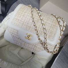 Vintage Chanel. Good Condition. Approximately "W X 7.5"H X 3"D Expensive Purses Luxury, Cream Chanel Bag, Cream Designer Bag, Luxury Tweed Shoulder Bag, Luxury Tweed Evening Bag, Elegant Beige Tweed Bags, Designer Tweed Bags For Everyday Use, Designer Tweed Shoulder Bag Rectangular, Designer Tweed Rectangular Shoulder Bag