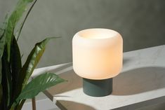 a white lamp sitting on top of a table next to a potted green plant