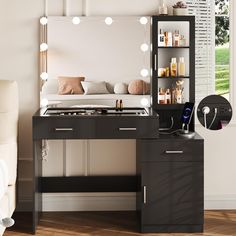 a dressing table with lights on it next to a couch