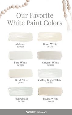 some white paint colors with the words our favorite white paint colors on them and beaded necklaces