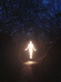 a person standing in the middle of a forest at night with their arms spread out