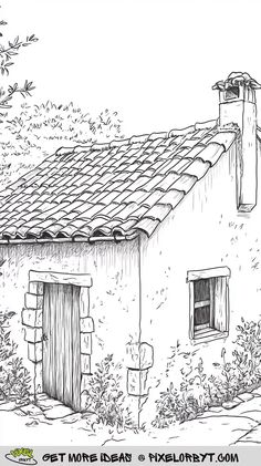 a drawing of a house with a tiled roof