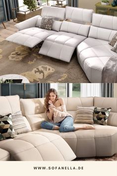 a woman sitting on top of a white couch next to a large sectional sofa with pillows