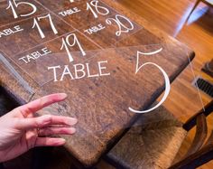 a table that has numbers on it and the number five written in white ink is being held up by someone's hand