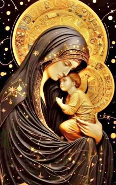 the virgin mary and child jesus in gold on black background with stars around it, surrounded by golden confetti