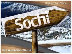 a wooden sign with the word sochi written on it in front of snowy mountains