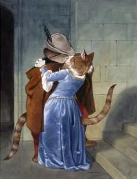 a painting of a cat hugging a woman in a blue dress with a white hat