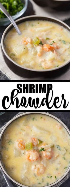 two bowls filled with shrimp chowder next to broccoli and celery