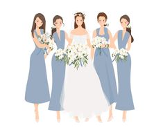 four bridesmaids in blue dresses holding bouquets with white flowers on their heads