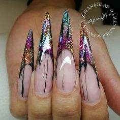 Flashy Nail Designs, Creative Acrylic Nail Designs, Halloween Nail Designs Stiletto, Difficult Nail Designs, Rare Nail Designs, Unique Nail Designs Creative Beautiful, Over The Top Nails, Birthday Nails Stiletto