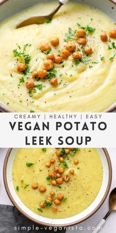 vegan potato leek soup in a bowl with spoons