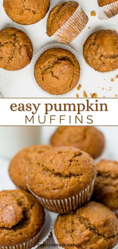 some muffins are sitting on top of each other with the words easy pumpkin muffins above them