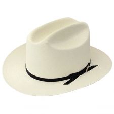 Stetson Open Road Straw Hat Classic Flat Bill Top Hat For Western-themed Events, Country Style Boater Hat For Rodeo With Curved Brim, Fitted Panama Hat For Western-themed Events, Classic Top Hat With Flat Bill For Rodeo, White Wide Brim Top Hat In Western Style, Classic Flat Bill Hats For Country Events, Classic Flat Bill Hat For Rodeo, Classic Fedora For Kentucky Derby And Western-themed Events, Classic White Straw Hat For Ranch