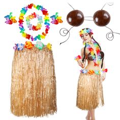 a woman in a hula skirt with flowers on her head and an eyeball