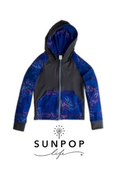 a blue and black jacket with the sunpop logo on it