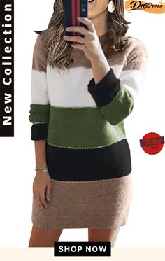 Khaki Color Block Sweater Dress Green Long Sleeve Mini Dress For Winter, Casual Long Sleeve Mini Dress For Winter, Green Crew Neck Winter Dress, Green Mini Sweater Dress For Winter, Green Crew Neck Dress For Fall, Multicolor Winter Sweater Dress, Winter Multicolor Sweater Dress, Green Knee-length Winter Mini Dress, Green Knee-length Mini Dress For Winter