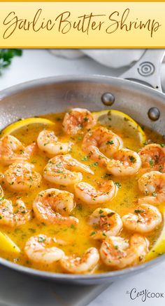 shrimp in a garlic butter sauce with lemons Buttered Shrimp Recipe, The Cozy Cook, Pasta Bread, Cozy Cook, Sandwich Lunch, Bread Sandwich, Garlic Prawns, Shrimp Appetizers