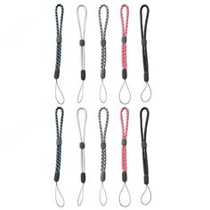 six different colored lanyards with black, white and pink cords on each side