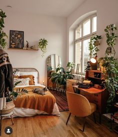 an image of a bedroom with plants on the wall and furniture in the room,