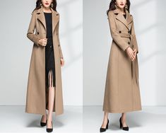 * A long woolen coat, A-line shape, warm and comfortable. * With a long belt, you can tie it what way you like. * Fully lined with two side pockets, closure with buttons. * Coat dress shape,make you look more taller and slimmer. * Material: out shell - 50% wool, 50% polyester; lining - 100% polyester * Care: dry cleanable * Shop sizing chart FYI ( made according to US sizing. actual body figures, not laying flat clothes measurements) Size XS (US 2, UK 6, German 32, French 34, ) Bust: fits bust a Long Wool Coat For Office, Dress Winter Coat, Coat Belt, Belt Coat, Full Length Coat, Wool Coat Women, Dress Winter, Wool Trench Coat, Body Figure