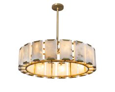 a large chandelier with white and gold shades on the bottom, hanging from a ceiling fixture