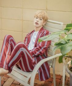 a young man sitting on top of a white chair next to a potted plant