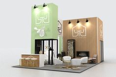 an exhibition stand with furniture and lighting