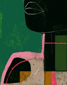 an abstract painting with black, pink and green colors