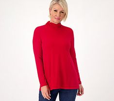 A comfy go-to for all your fall festivities? This Liquid Knit® top is a closet essential that you'll want to take out daily. From Susan Graver. Scoop Neck Blouses, Susan Graver, Knit Tunic, Long Sleeve Tunic, Womens Tunics, Waffle Knit, Print Tops, Mock Neck, Knit Top