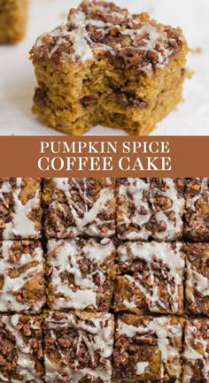 pumpkin spice coffee cake with white frosting on top