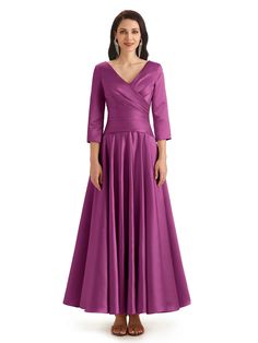 orchid Spring V-neck Satin Dress For Gala, Satin V-neck Dress With Pleated Back, Spring Gala Satin V-neck Dress, Formal Stretch Satin Dress For Spring, Spring Formal Stretch Satin Dress, Satin Long Sleeve, Bridesmaid Dresses Online, Satin Bridesmaid Dresses, Bride Dresses