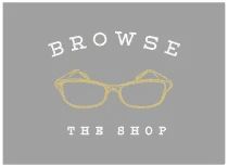 the logo for browse the shop with glasses on grey and white background, which reads browse the shop