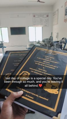 someone is holding up some black and gold brochures with the words best day of college is a special day you've been through so much, and you're leaving it all behind