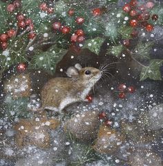 a painting of a mouse in the snow surrounded by berries and holly branches with red berries