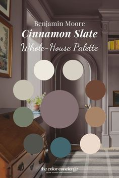 The Benjamin Moore Paint Color of the Year 2025 Cinnamon Slate has officially been announced, and its corresponding Color Trends 2025 palette is on track to start trending. Cinnamon Slate is the Benjamin Moore 2025 Color of the Year, and it’s a muted yet striking violet hue perfect for anyone looking to add moody color to their home this year #benjaminmoore #moody #moodyinteriors #interiordesign Benjamin Moore Cinnamon Paint Colors, Benjamin Moore Sequoia, Timeless Home Color Palette, Modern Colonial Paint Colors, Adobe Sand Color Palette, London Clay Paint, Plum Color Interior Design, Modern Home Interior Paint Colors