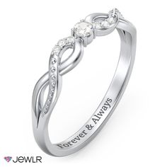 Sweet and romantic, the double infinity design represents your lasting love and is the perfect gift for someone who loves a little sparkle. This ring features a personalized 2.5mm round center stone of your choice highlighted by an infinity-style band set with genuine diamonds or Brilliance cubic zirconia. Design yours in sterling silver or gold and add a sentimental engraving for a truly unique gift. Personalized Diamond Birthstone Ring Elegant, Personalized Diamond Stackable Wedding Rings, Personalized Diamond Stackable Rings For Wedding, White Infinity Diamond Promise Ring, Infinity Diamond Stackable Anniversary Rings, Infinity Diamond Stackable Rings For Anniversary, Infinity Shaped Diamond Promise Ring, Infinity Diamond White Diamond Ring For Anniversary, Elegant Personalized Round Cut Birthstone Ring