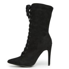 Cape Robbin Gigi-11 Women's Black Heeled Booties Spring High Ankle Heels With 4-inch Heel, Edgy High Heel Lace-up Boots For Spring, Trendy Lace-up Boots With Pointed Toe For Night Out, Winter High-top Fitted Heels, Winter Fitted High-top Heels, Party Mid-calf High Heel Boots, Casual Mid-calf High Heel Boots For Party, Fitted High-top Winter Heels, Casual Mid-calf Boots With High Heel For Party