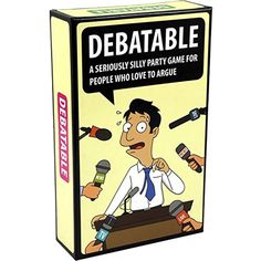 a card game box with an image of a man speaking into microphones on it