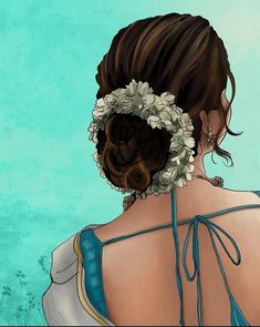 the back of a woman's head with flowers in her hair, against a blue background