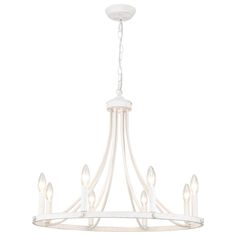 a white chandelier with six lights hanging from the bottom and one light on top