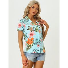 A great shirt to be paired with shorts or jeans. Enjoy the summer with the help of the Hawaiian leaf-printed shirt. Lend a touch of charm to your new season wardrobe with this shirt. Whether on carnivals, festivals, vacations, on the beach, or even at a theme party, you will certainly receive many compliments. Suitable for wearing to the beach. Light Blue Button Closure Shirt For Vacation, Spring V-neck Hawaiian Shirt, Casual V-neck Hawaiian Shirt For Spring, Hawaiian Vacation Tops With Button Closure, Light Blue V-neck Summer Shirt, Spring Hawaiian V-neck Shirt, V-neck Hawaiian Shirt For Spring, Printed V-neck Hawaiian Shirt For Vacation, Tropical Summer Tops With Button Closure