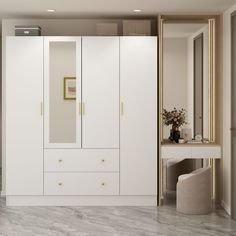 a white closet with gold handles and drawers in a room that has marble flooring