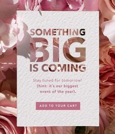 some pink flowers and a card that says something big is coming stay tuned for tomorrow think it's our biggest event of the year add to your cart