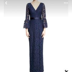 Full Lace Evening Dress From Theia, Navy Blue, Size 12. Worn Once And In Like New Condition. Formal Floor-length Evening Dress With Lace Sleeves, Formal Long Sleeve Maxi Dress With Lace Sleeves, Formal Long Sleeve Lace Maxi Dress, Formal Long-sleeve Lace Maxi Dress, Formal Mother Of The Bride Dress With Lace Sleeves, Formal Dresses With Lace Sleeves Floor-length, Formal V-neck Gown With Lace Sleeves, Elegant Floor-length Evening Dress With Lace Sleeves, Formal V-neck Evening Dress With Lace Sleeves