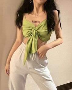 Plain, Sling Camisole Front Tie Hyuna Fashion, Kpop Crop Top, Halter Pattern, Fashion Chingu, Patterned Crop Top, Plaid Crop Top, White Cross, Halter Crop Top, Green Top