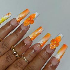 Orange Blossom Nails, Nails Freestyle, Harry Potter Nail Art, Orange Acrylic Nails, Peach Girl, Orchids Flowers, Unique Nail Art, August Nails, Art To Make