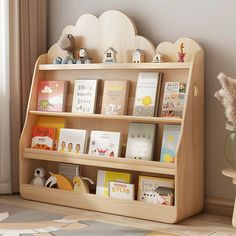 a wooden book shelf filled with lots of books