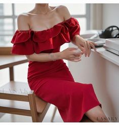 Lasaky - Off-Shoulder A-Line Dress with Flounce Hem in Red - Perfect for a Beach Getaway Red Off Shoulder Dress, Dress With Flounce, Holiday Skirts, Lace Pencil Skirt, Beach Getaway, Ruffles Fashion, Split Dress, Long Shirt Dress, Long Sleeve Shirt Dress