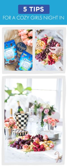 a table topped with lots of food next to a vase filled with flowers and fruit